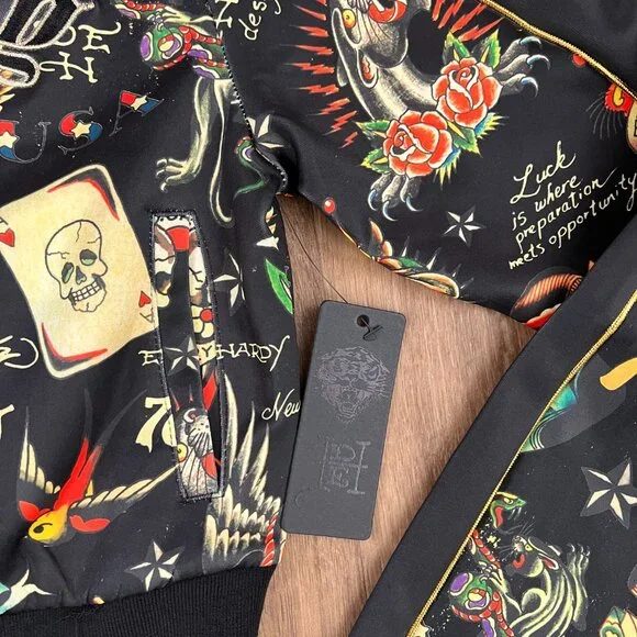 NEW Ed Hardy Crop Flashboard Black Tattoo Track Jacket Sz M - Picture 5 of 15
